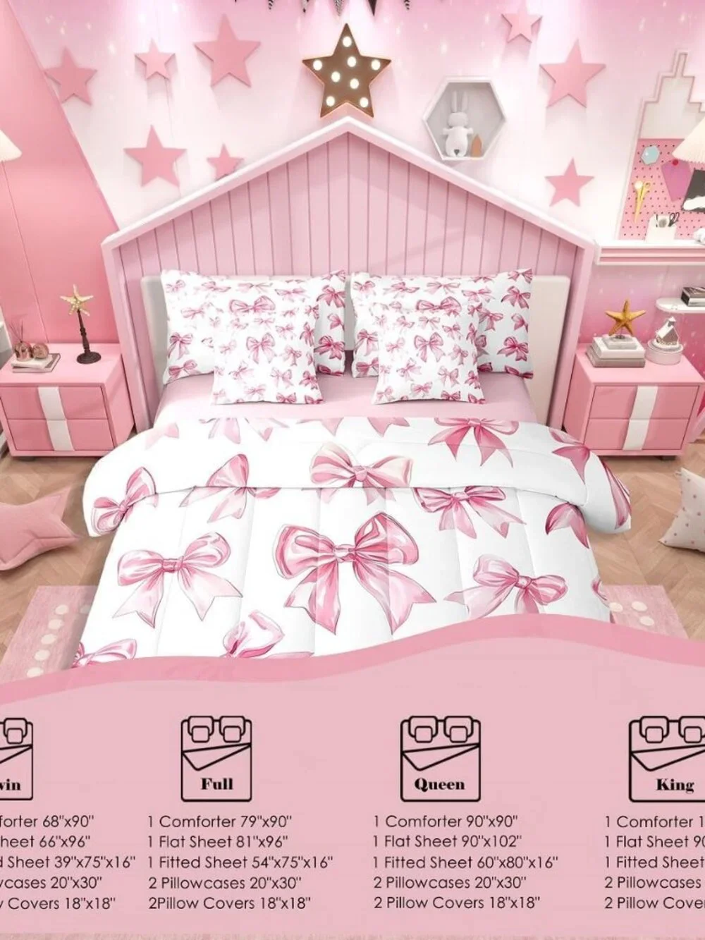 Kawaii Bowknot Girls Bed in A Bag with Sheets Dreamy Princess Style Twin Comfort